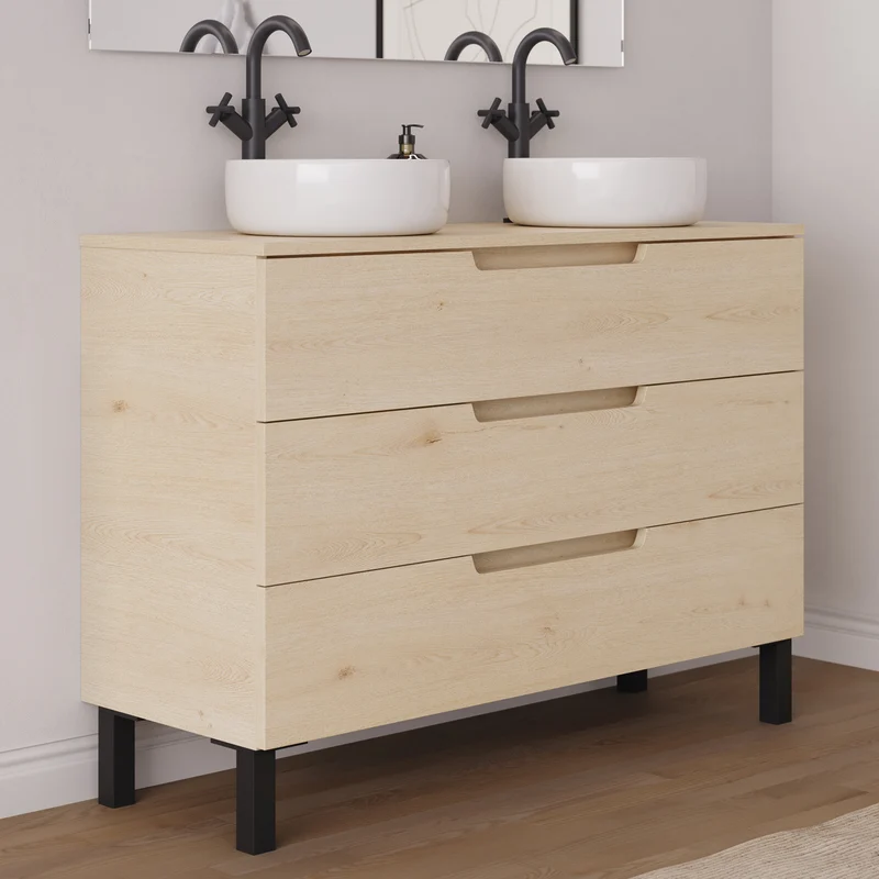 Meuble de salle de bain 120cm avec plateau et 2 vasques à poser rondes - 3 tiroirs - RIZA