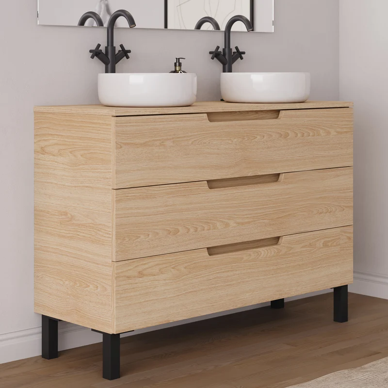 Meuble de salle de bain 120cm avec plateau et 2 vasques à poser rondes - 3 tiroirs - RIZA