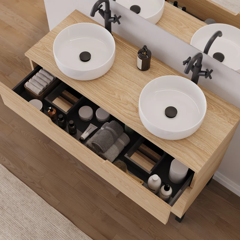 Meuble de salle de bain 120cm avec plateau et 2 vasques à poser rondes - 3 tiroirs - RIZA