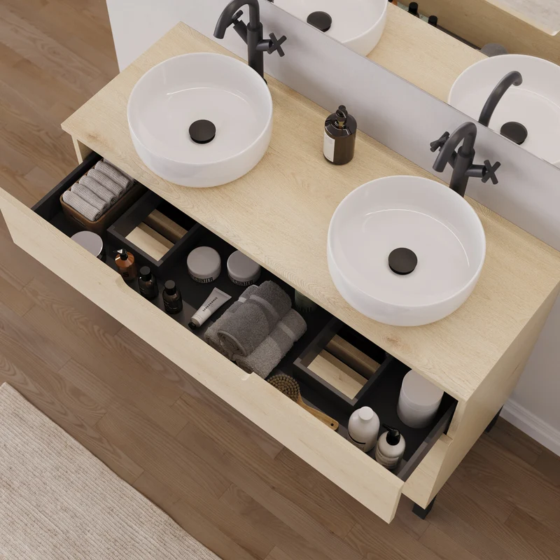 Meuble de salle de bain 120cm avec plateau et 2 vasques à poser rondes - 3 tiroirs - RIZA