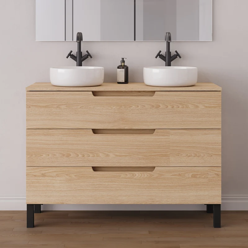 Meuble de salle de bain 120cm avec plateau et 2 vasques à poser rondes - 3 tiroirs - RIZA
