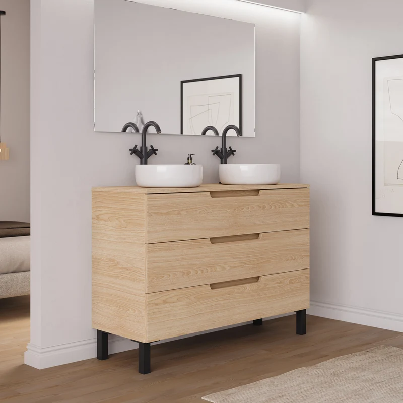 Meuble de salle de bain 120cm avec plateau et 2 vasques à poser rondes - 3 tiroirs - RIZA