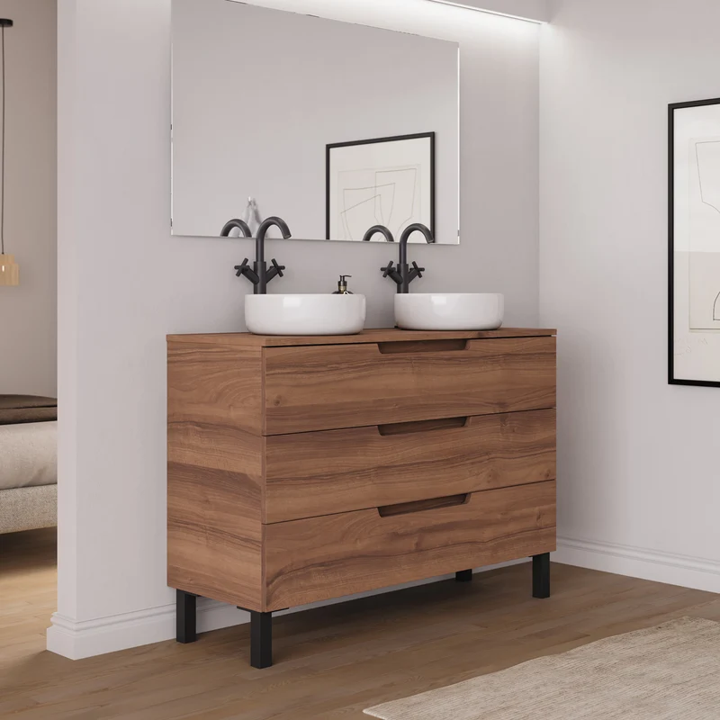 Meuble de salle de bain 120cm avec plateau et 2 vasques à poser rondes - 3 tiroirs - RIZA