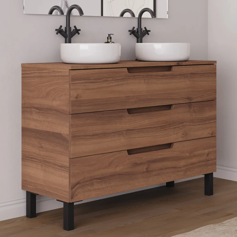 Meuble de salle de bain 120cm avec plateau et 2 vasques à poser rondes - 3 tiroirs - RIZA