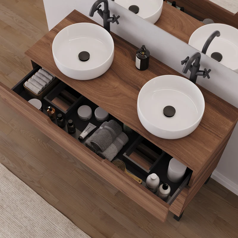 Meuble de salle de bain 120cm avec plateau et 2 vasques à poser rondes - 3 tiroirs - RIZA