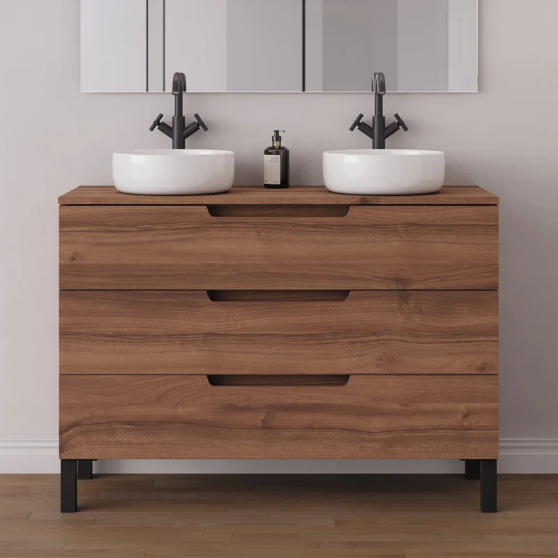 Meuble de salle de bain 120cm avec plateau et 2 vasques à poser rondes - 3 tiroirs - RIZA