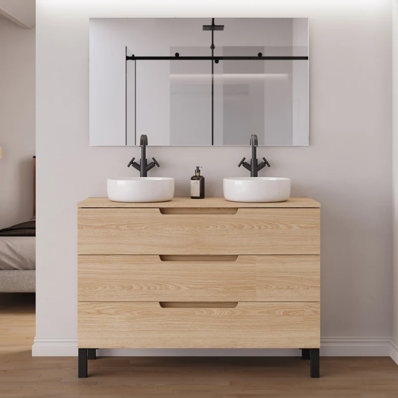 Meuble de salle de bain 120cm avec plateau et 2 vasques à poser rondes - 3 tiroirs - RIZA