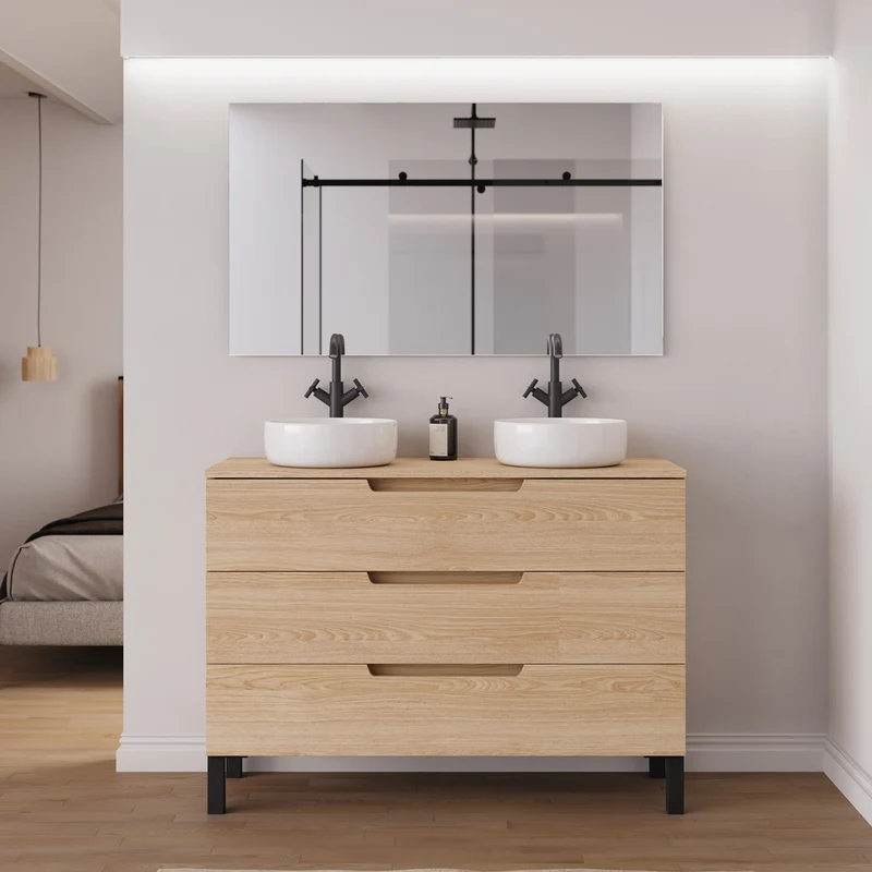 Meuble de salle de bain 120cm avec plateau et 2 vasques à poser rondes - 3 tiroirs - RIZA