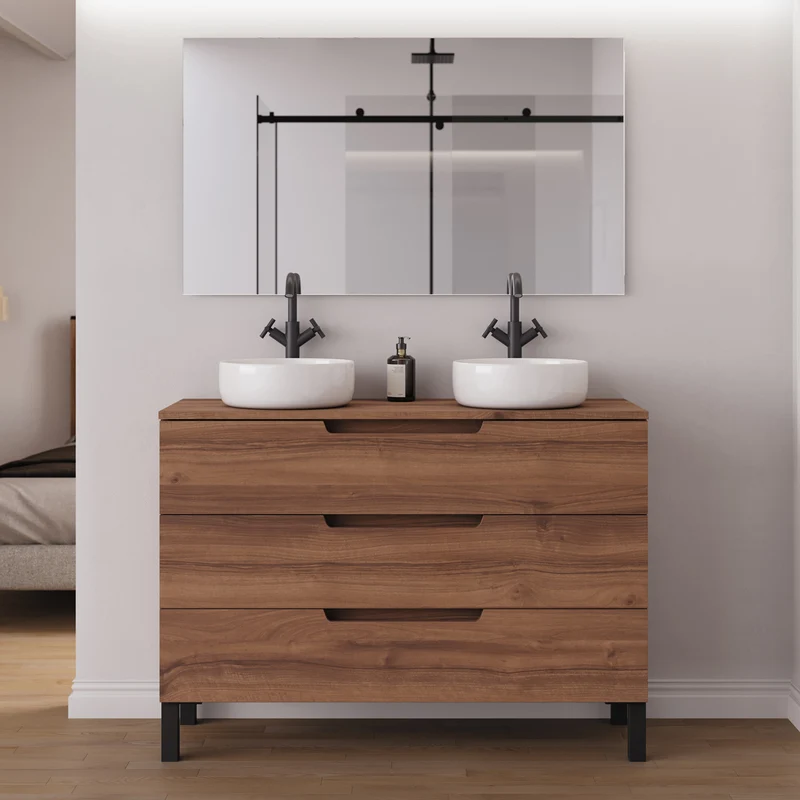 Meuble de salle de bain 120cm avec plateau et 2 vasques à poser rondes - 3 tiroirs - RIZA