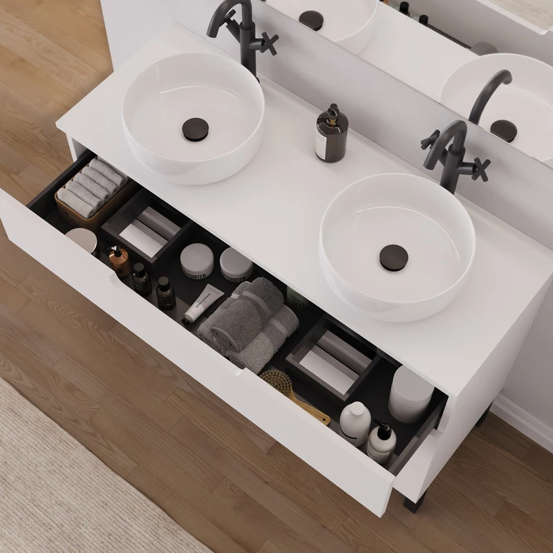 Meuble de salle de bain 120cm avec plateau et 2 vasques à poser rondes - 3 tiroirs - RIZA
