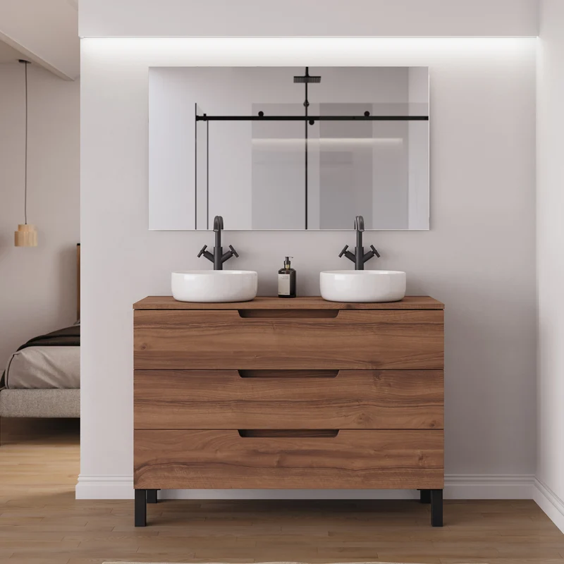 Meuble de salle de bain 120cm avec plateau et 2 vasques à poser rondes - 3 tiroirs - RIZA