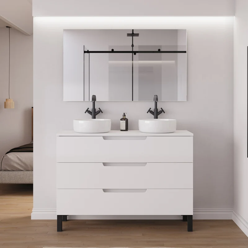Meuble de salle de bain 120cm avec plateau et 2 vasques à poser rondes - 3 tiroirs - RIZA