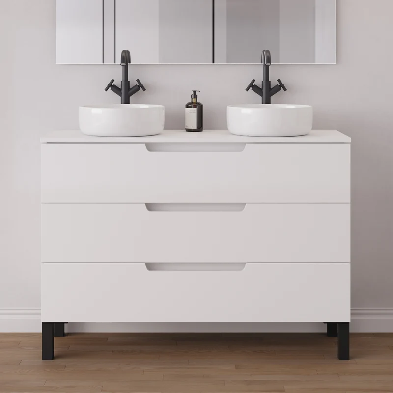 Meuble de salle de bain 120cm avec plateau et 2 vasques à poser rondes - 3 tiroirs - RIZA