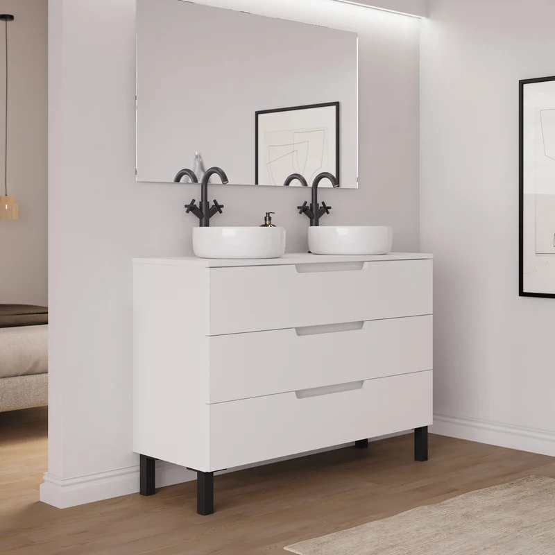 Meuble de salle de bain 120cm avec plateau et 2 vasques à poser rondes - 3 tiroirs - RIZA