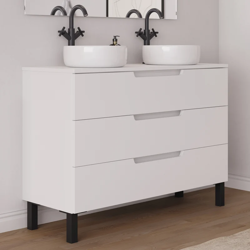 Meuble de salle de bain 120cm avec plateau et 2 vasques à poser rondes - 3 tiroirs - RIZA