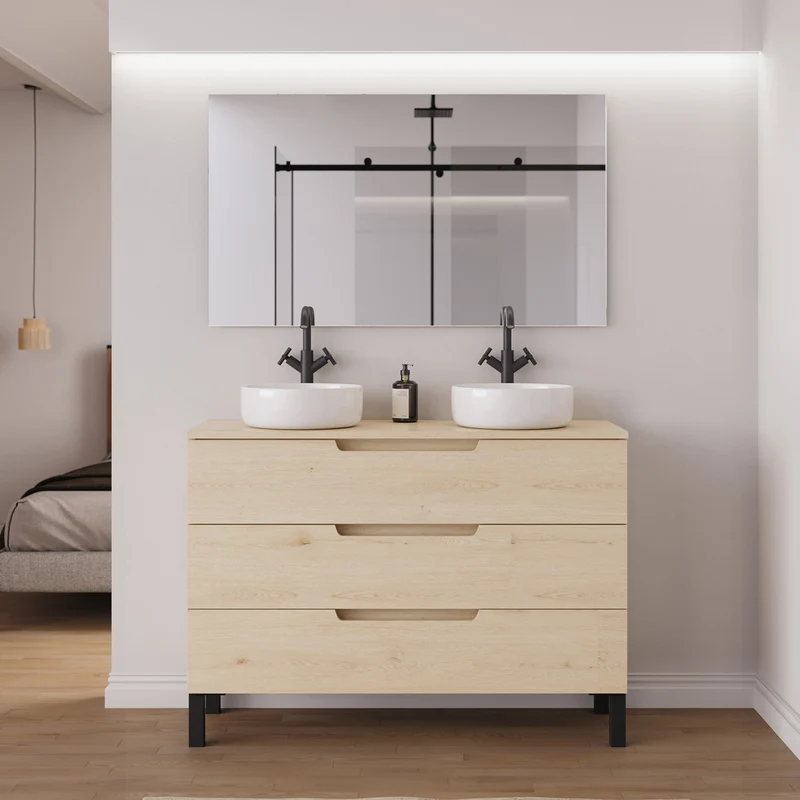 Meuble de salle de bain 120cm avec plateau et 2 vasques à poser rondes - 3 tiroirs - RIZA