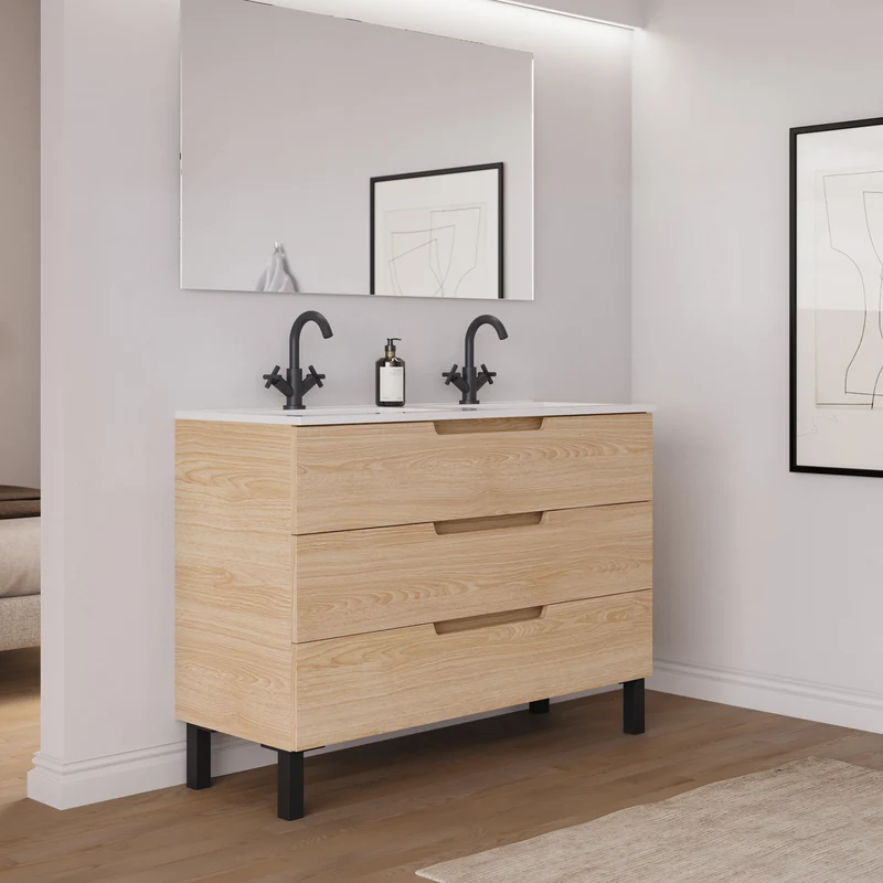 Meuble de salle de bain 120cm double vasque - 3 tiroirs - RIZA