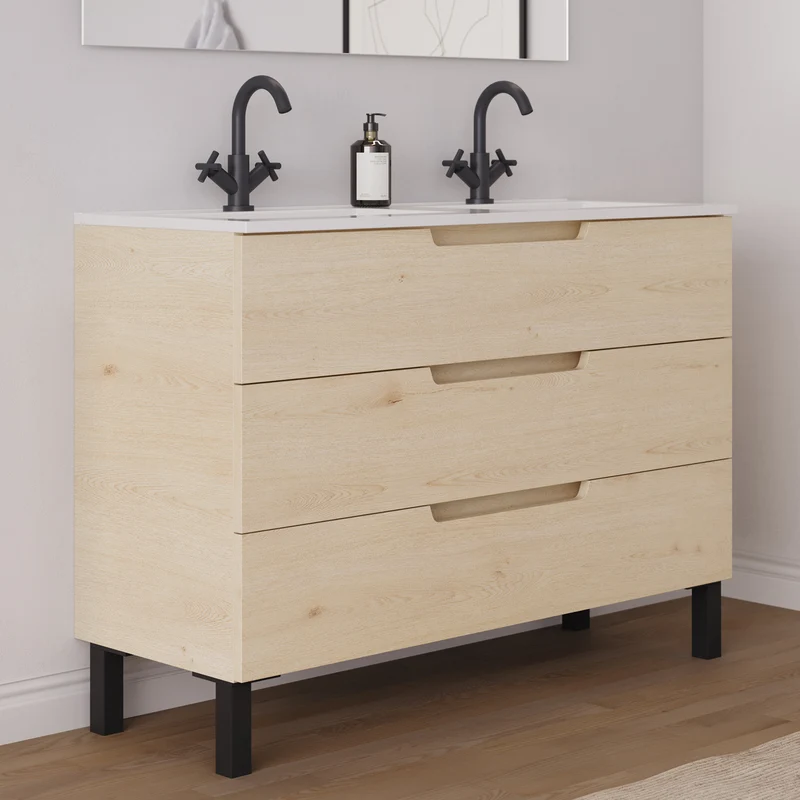 Meuble de salle de bain 120cm double vasque - 3 tiroirs - RIZA