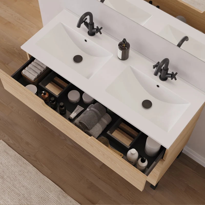 Meuble de salle de bain 120cm double vasque - 3 tiroirs - RIZA