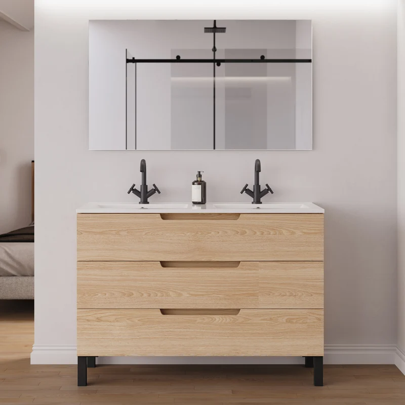 Meuble de salle de bain 120cm double vasque - 3 tiroirs - RIZA