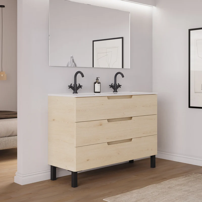 Meuble de salle de bain 120cm double vasque - 3 tiroirs - RIZA
