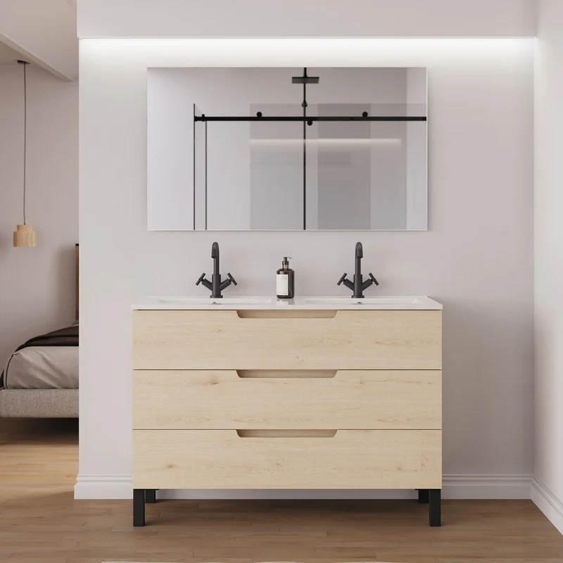 Meuble de salle de bain 120cm double vasque - 3 tiroirs - RIZA