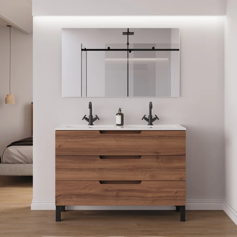 Meuble de salle de bain 120cm double vasque - 3 tiroirs - RIZA