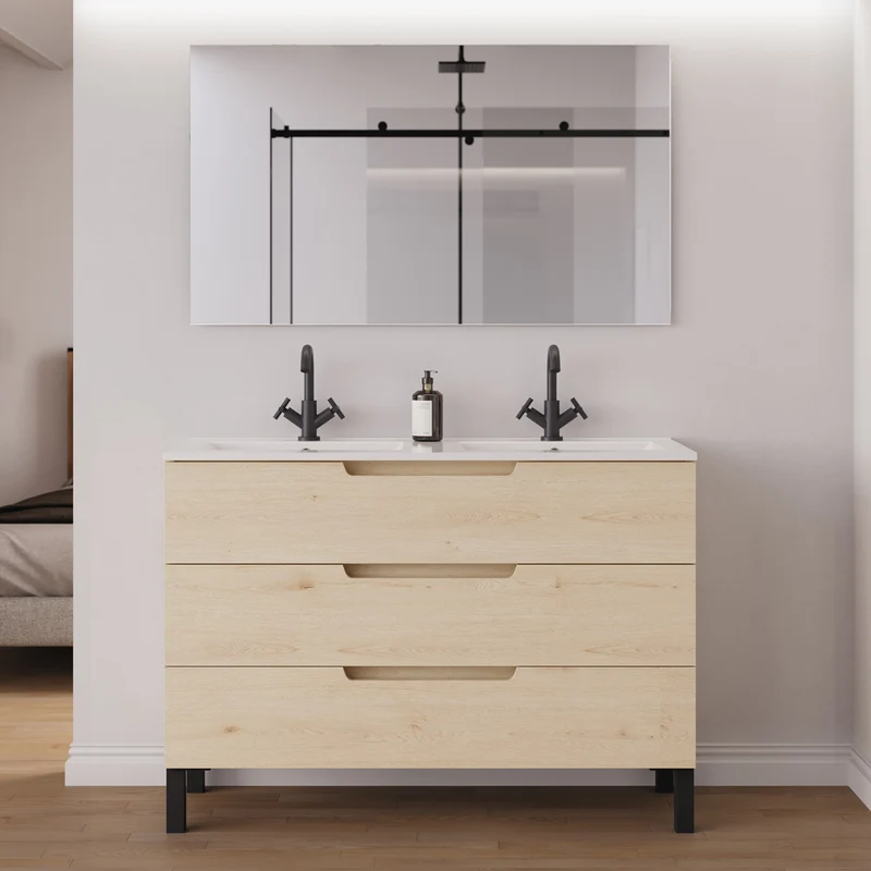 Meuble de salle de bain 120cm double vasque - 3 tiroirs - RIZA