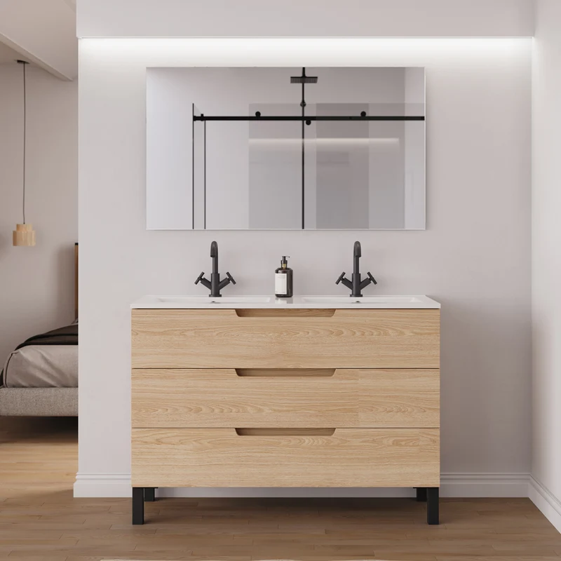Meuble de salle de bain 120cm double vasque - 3 tiroirs - RIZA
