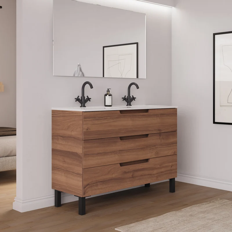 Meuble de salle de bain 120cm double vasque - 3 tiroirs - RIZA