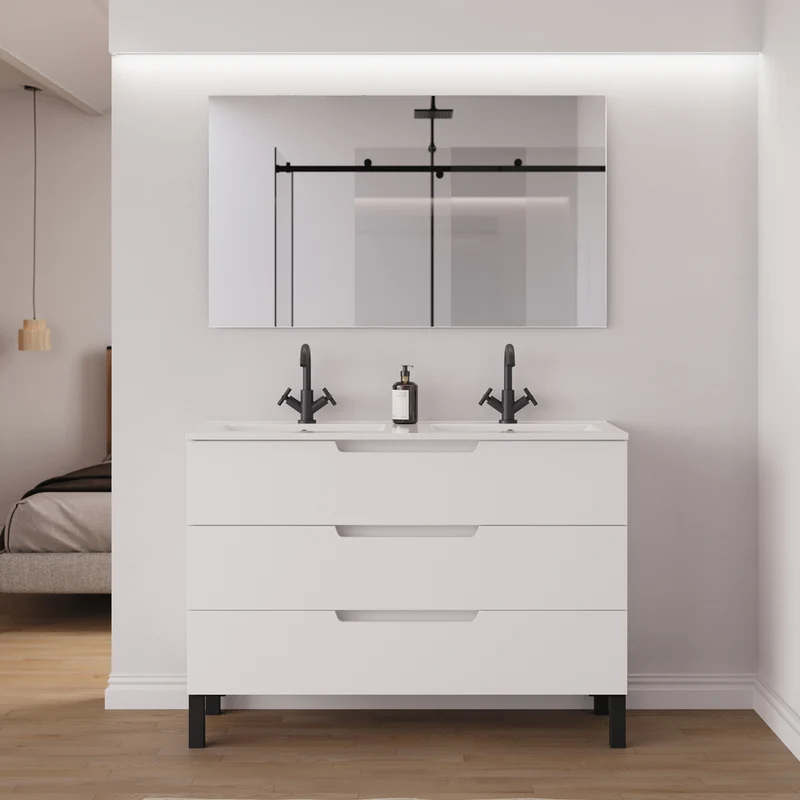 Meuble de salle de bain 120cm double vasque - 3 tiroirs - RIZA