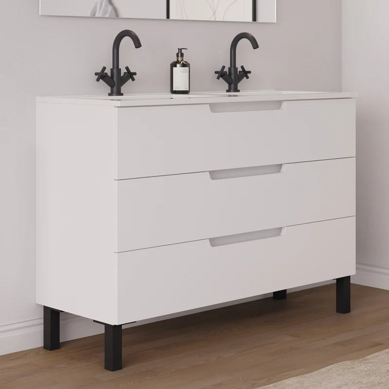 Meuble de salle de bain 120cm double vasque - 3 tiroirs - RIZA