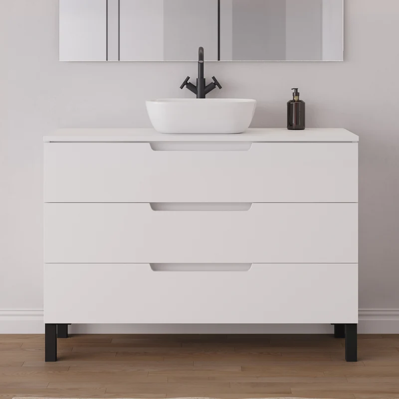 Meuble de salle de bain 120cm avec plateau et vasque à poser arrondie - 3 tiroirs - RIZA