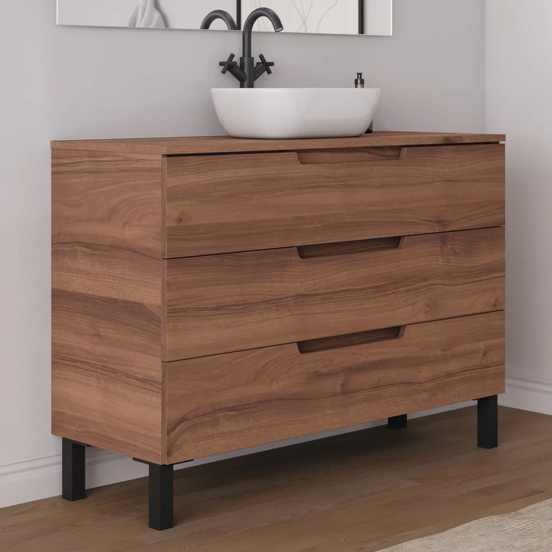 Meuble de salle de bain 120cm avec plateau et vasque à poser arrondie - 3 tiroirs - RIZA