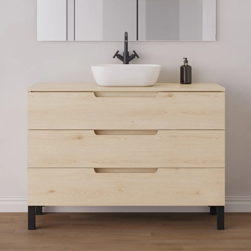 Meuble de salle de bain 120cm avec plateau et vasque à poser arrondie - 3 tiroirs - RIZA