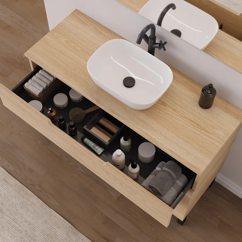 Meuble de salle de bain 120cm avec plateau et vasque à poser arrondie - 3 tiroirs - RIZA