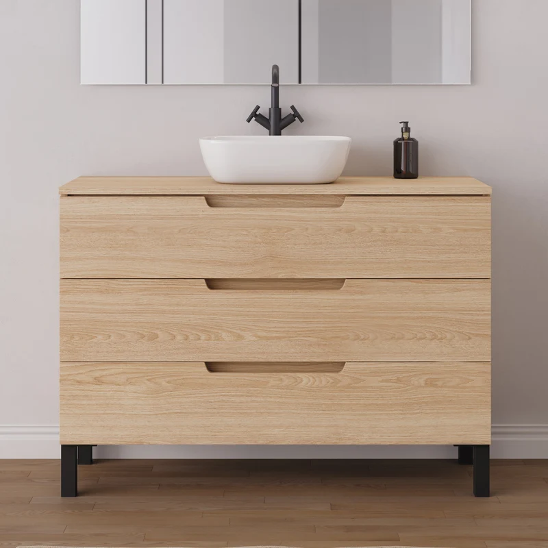 Meuble de salle de bain 120cm avec plateau et vasque à poser arrondie - 3 tiroirs - RIZA