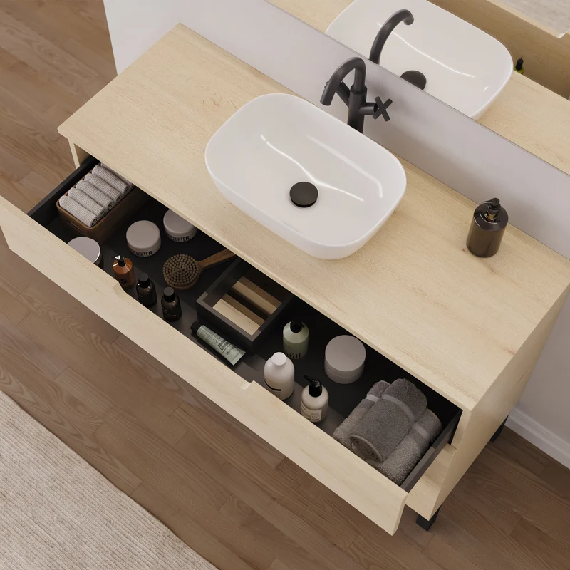 Meuble de salle de bain 120cm avec plateau et vasque à poser arrondie - 3 tiroirs - RIZA