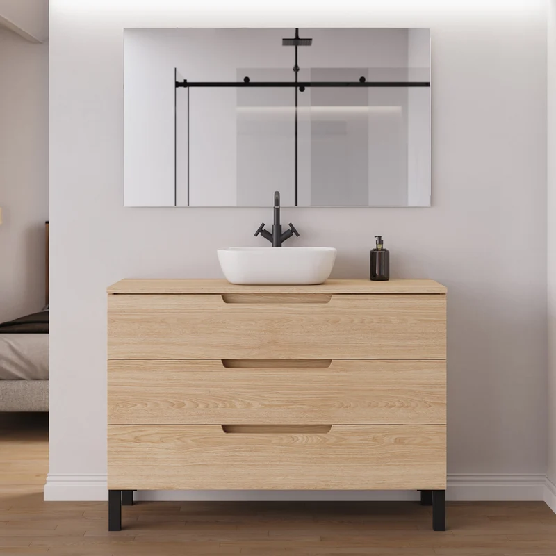 Meuble de salle de bain 120cm avec plateau et vasque à poser arrondie - 3 tiroirs - RIZA