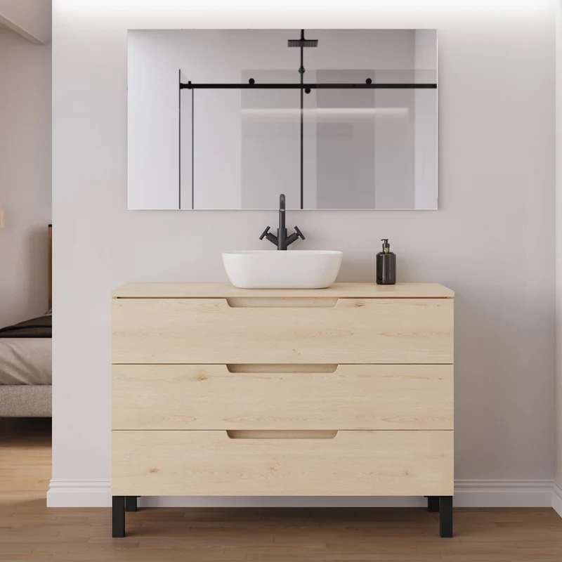 Meuble de salle de bain 120cm avec plateau et vasque à poser arrondie - 3 tiroirs - RIZA