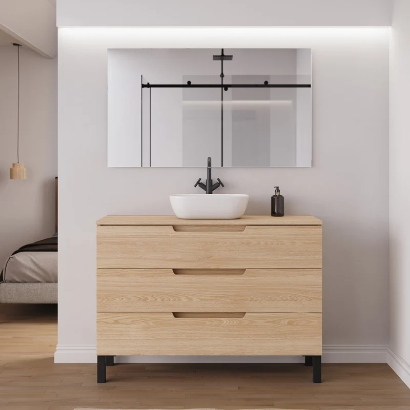 Meuble de salle de bain 120cm avec plateau et vasque à poser arrondie - 3 tiroirs - RIZA