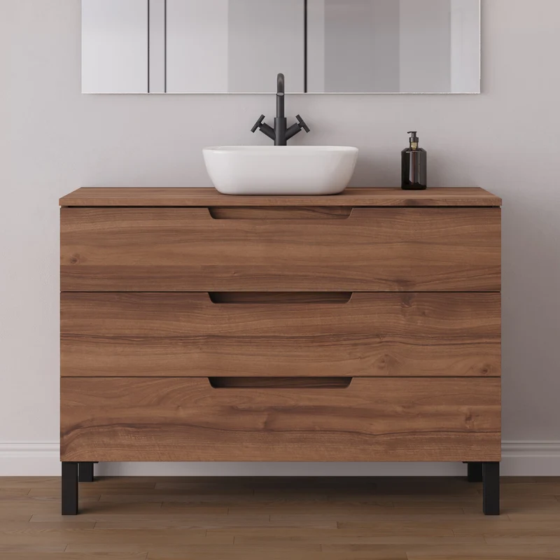 Meuble de salle de bain 120cm avec plateau et vasque à poser arrondie - 3 tiroirs - RIZA