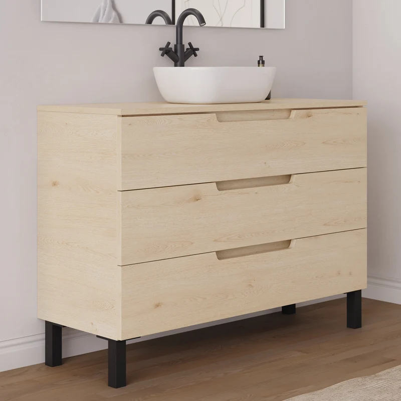 Meuble de salle de bain 120cm avec plateau et vasque à poser arrondie - 3 tiroirs - RIZA