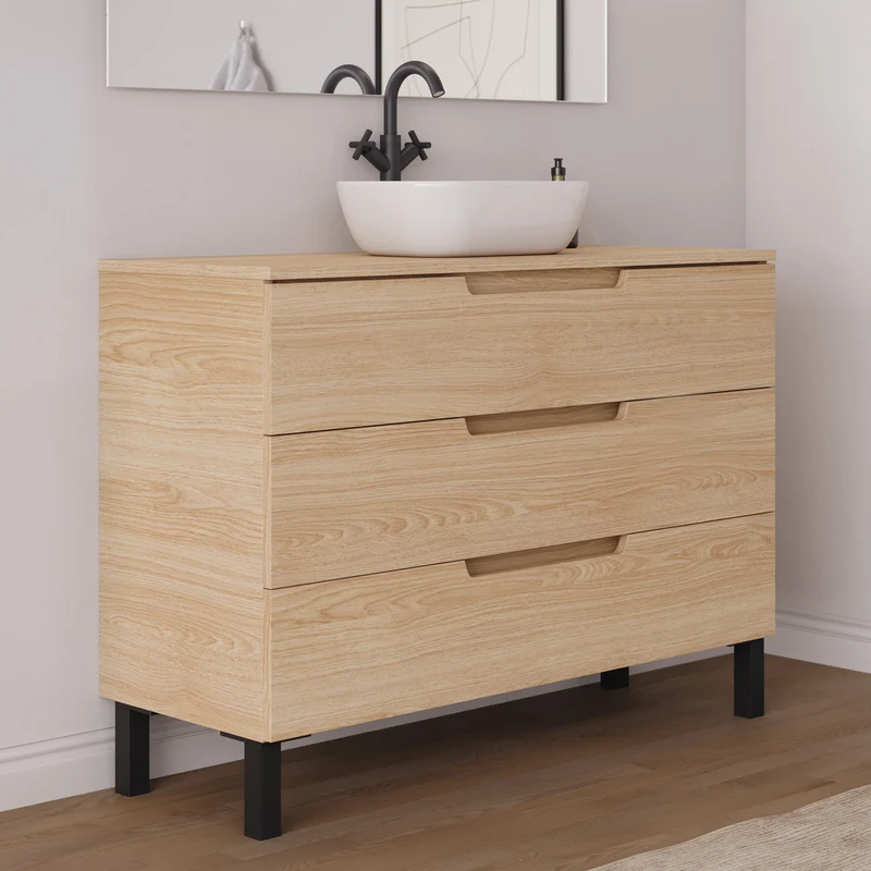 Meuble de salle de bain 120cm avec plateau et vasque à poser arrondie - 3 tiroirs - RIZA