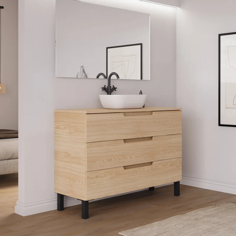 Meuble de salle de bain 120cm avec plateau et vasque à poser arrondie - 3 tiroirs - RIZA