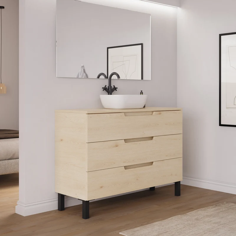 Meuble de salle de bain 120cm avec plateau et vasque à poser arrondie - 3 tiroirs - RIZA