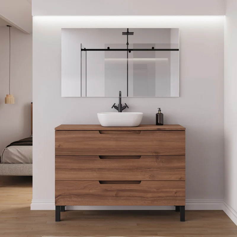 Meuble de salle de bain 120cm avec plateau et vasque à poser arrondie - 3 tiroirs - RIZA