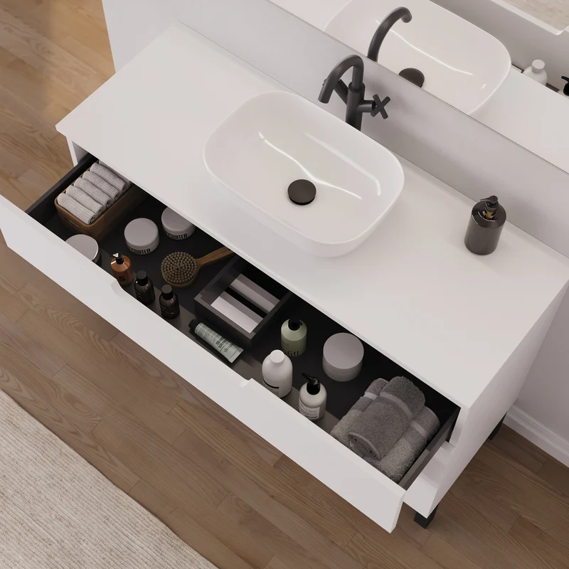 Meuble de salle de bain 120cm avec plateau et vasque à poser arrondie - 3 tiroirs - RIZA