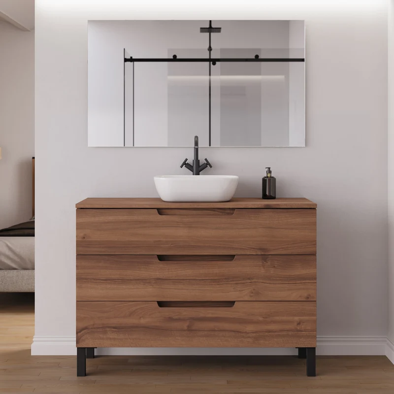 Meuble de salle de bain 120cm avec plateau et vasque à poser arrondie - 3 tiroirs - RIZA