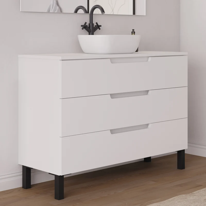 Meuble de salle de bain 120cm avec plateau et vasque à poser arrondie - 3 tiroirs - RIZA